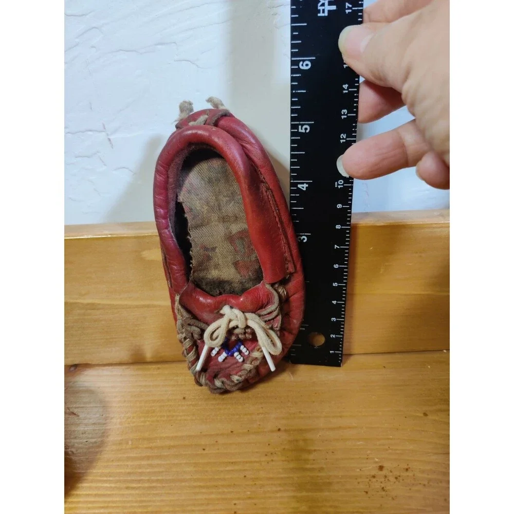 Vintage NATIVE AMERICAN Red CHILD'S Beaded MOCCASINS For Display Only READ